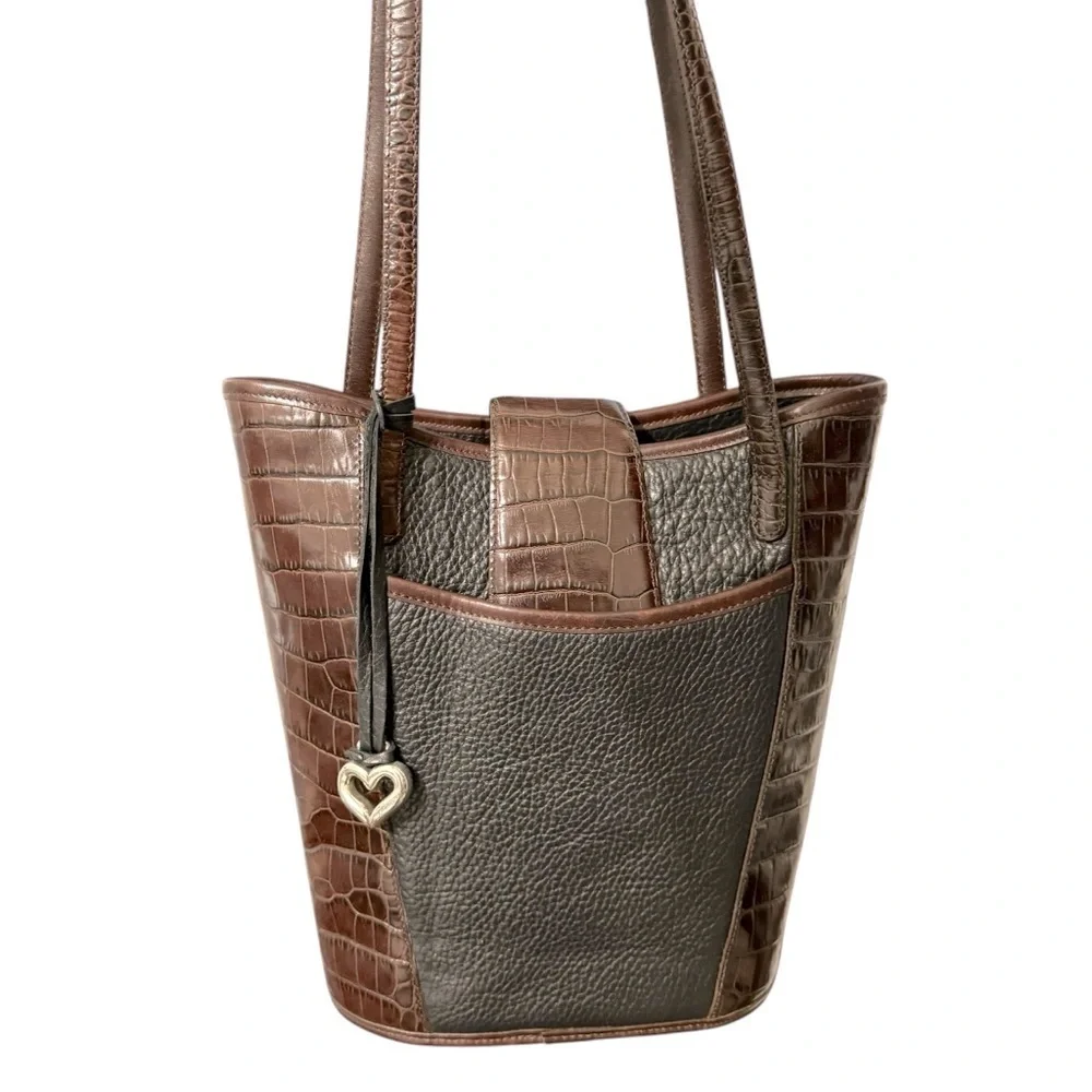 Brighton Black Leather‎ Brown Croc Embossed Silver Bead Two Handle Shoulder Bag